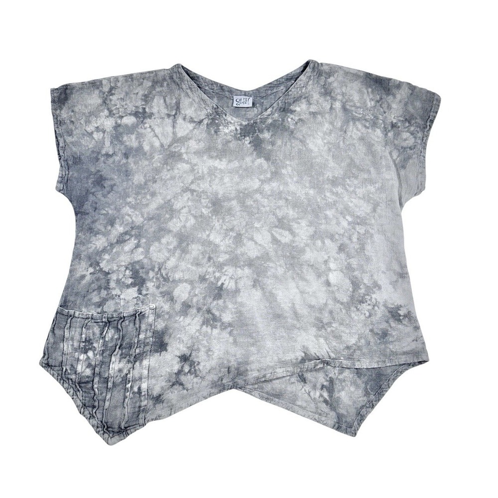 Oh My Gauze Womens Shirt Grey Tie Dye V Neck Size 3 Asymmetrical Lagenlook Artsy